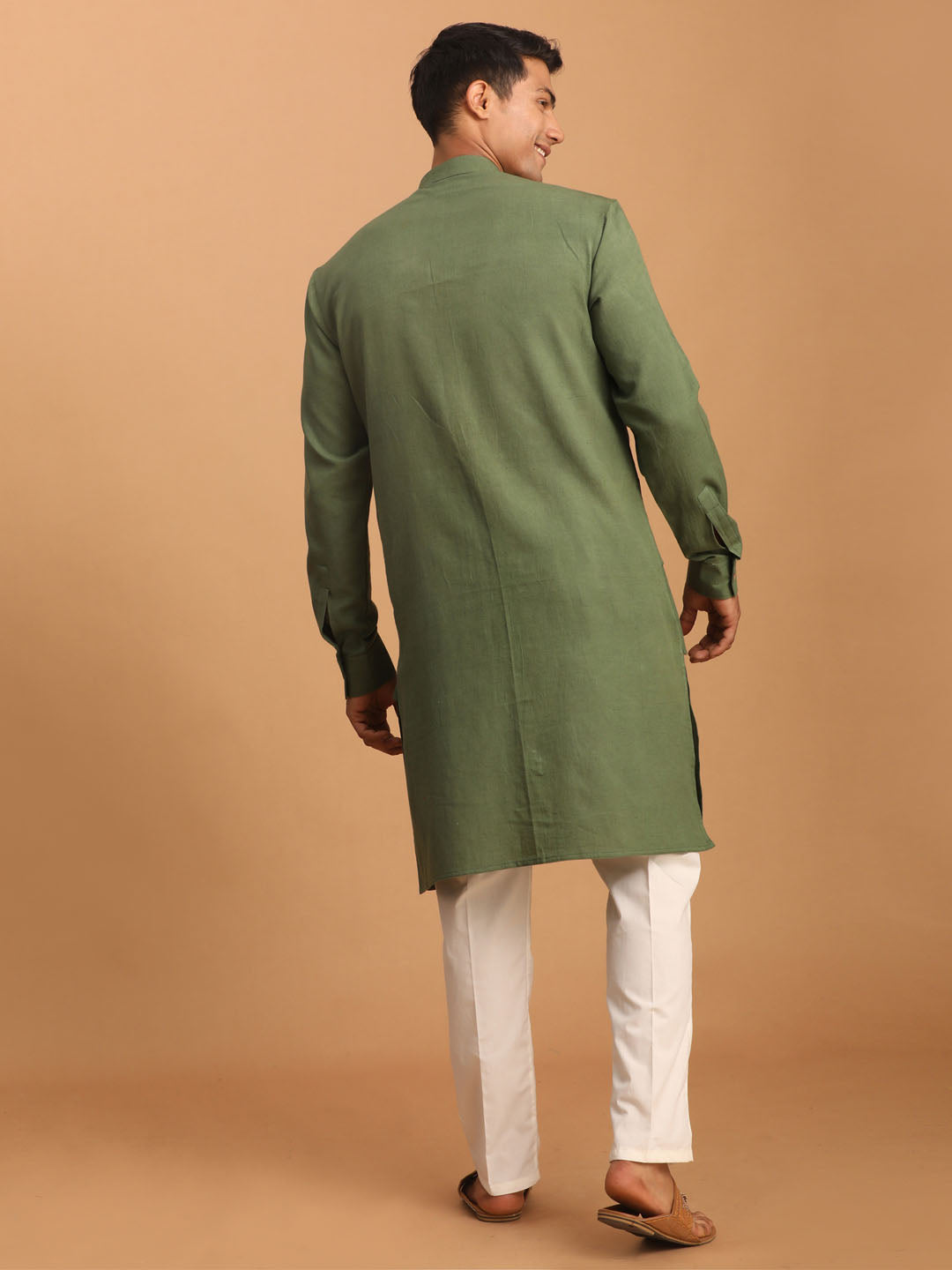 Men's Green And Cream Cotton Kurta Pyjama Set