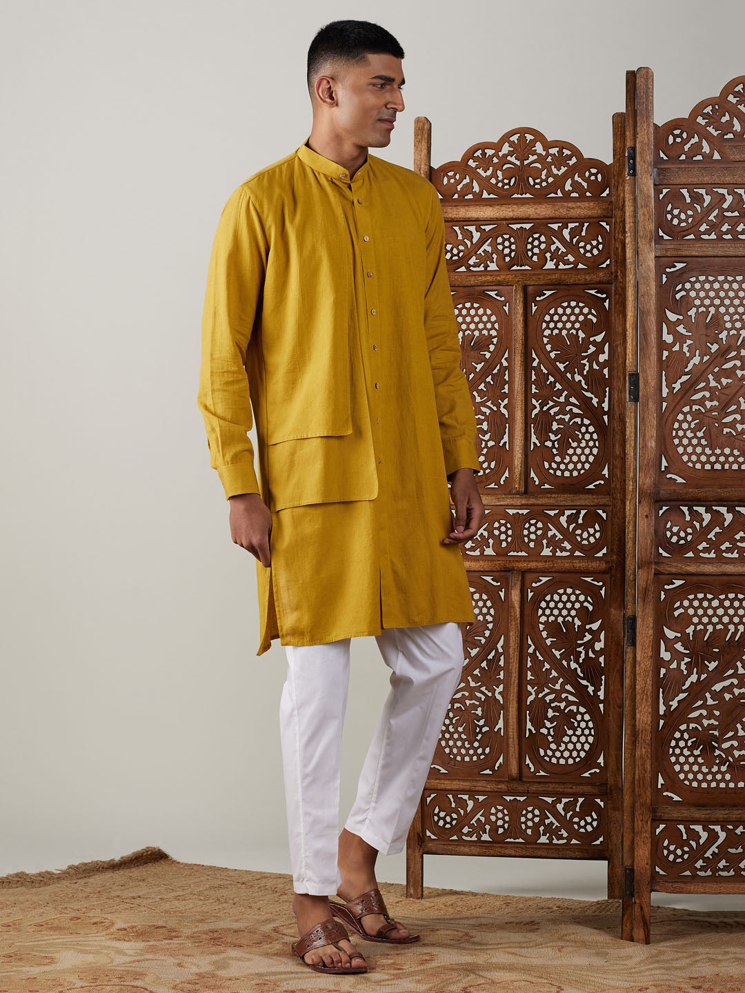 Men's Mustard And White Cotton Kurta Pyjama Set