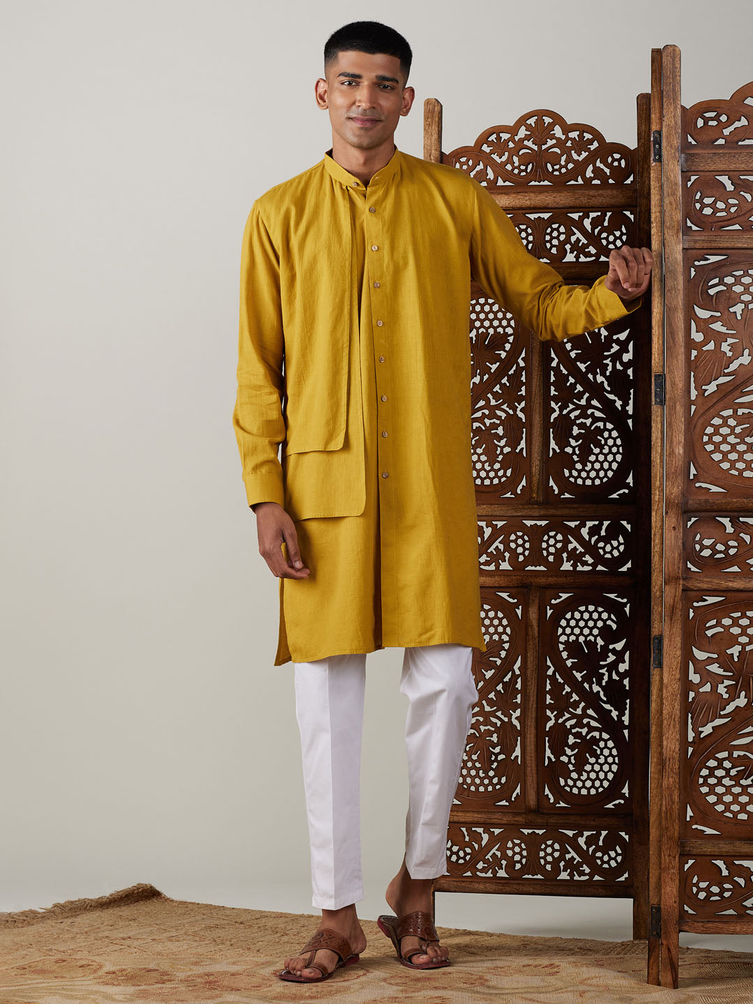 Men's Mustard And White Cotton Kurta Pyjama Set