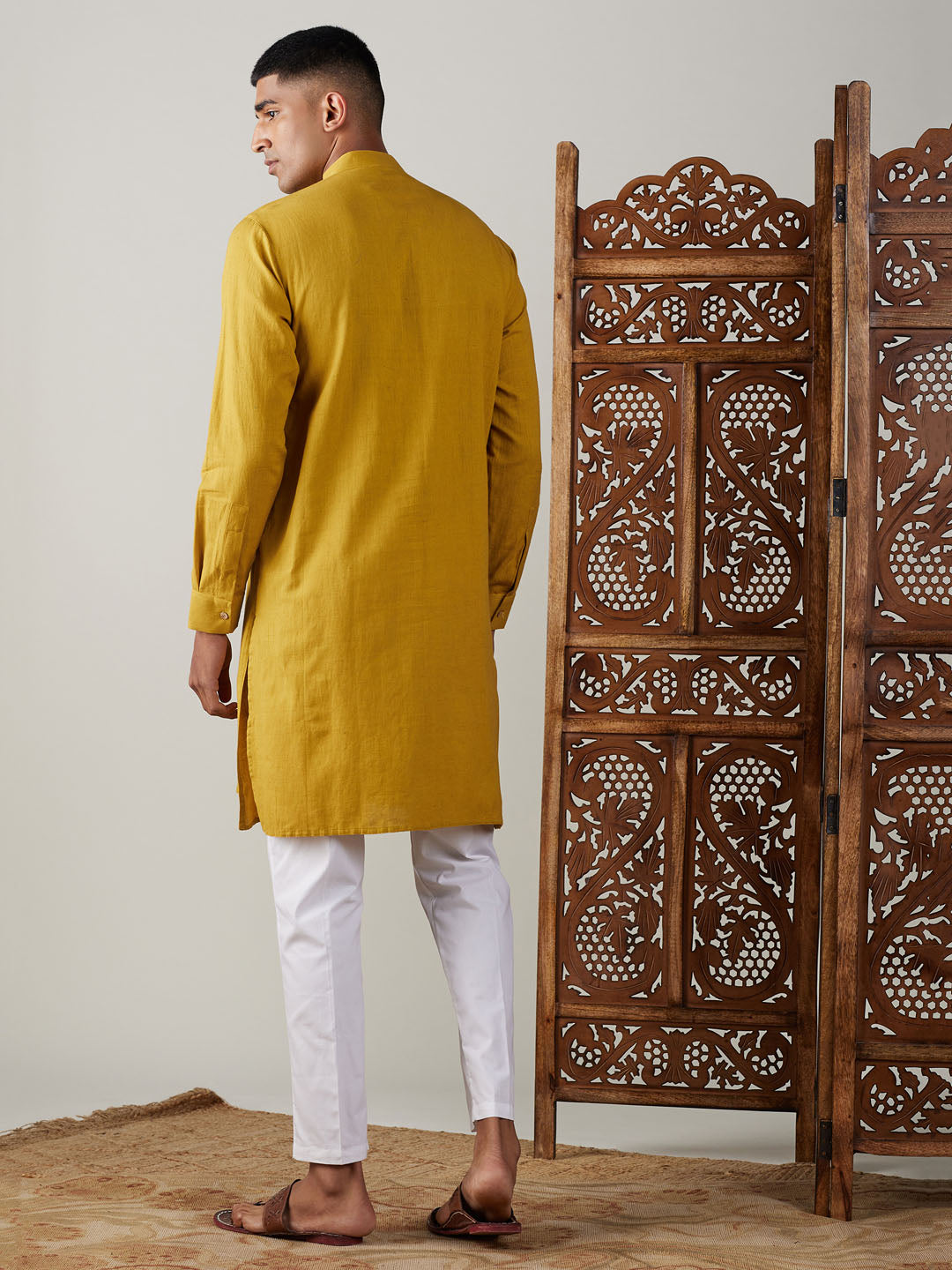 Men's Mustard And White Cotton Kurta Pyjama Set