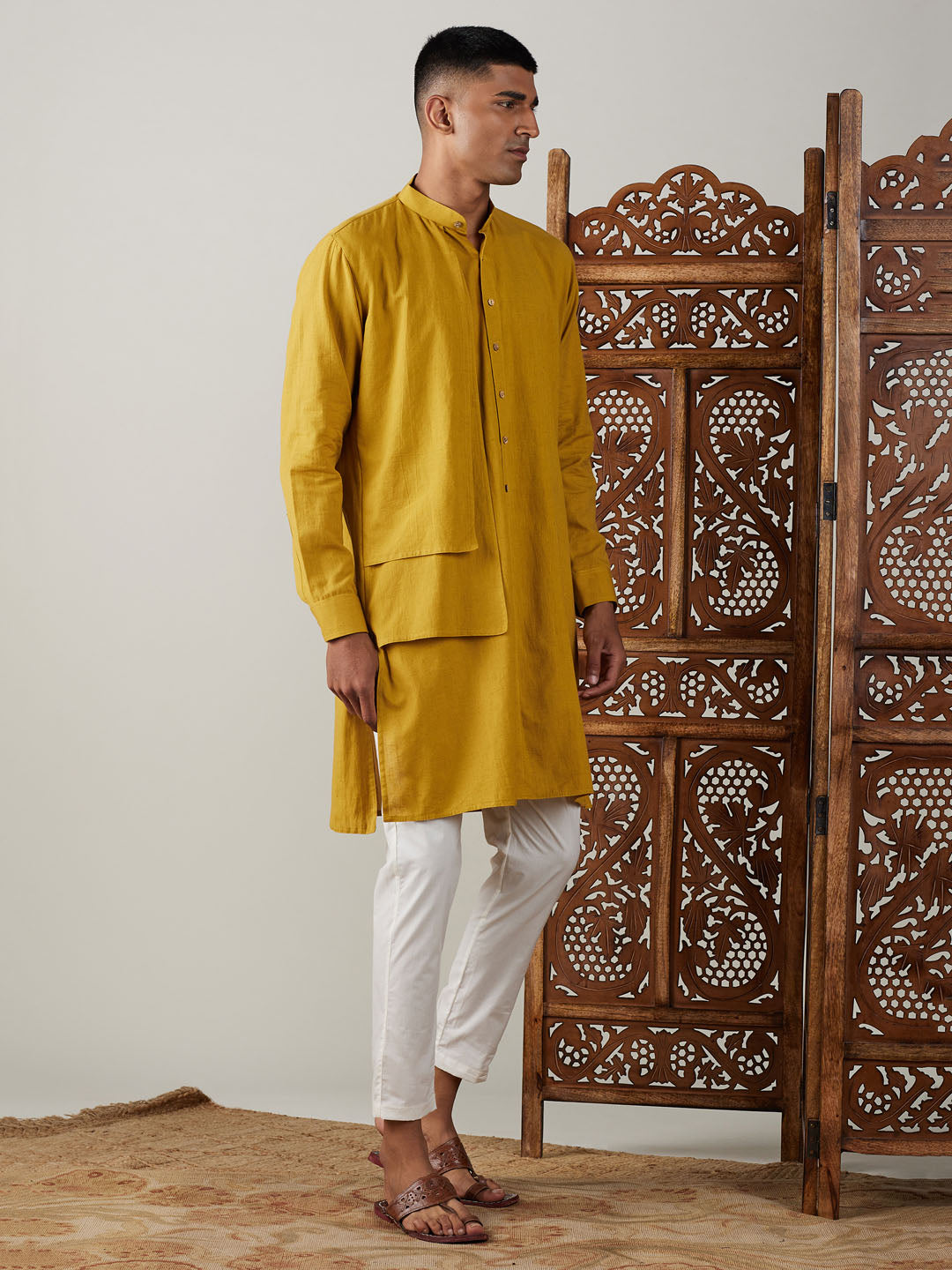 Men's Mustard And Cream Cotton Kurta Pyjama Set