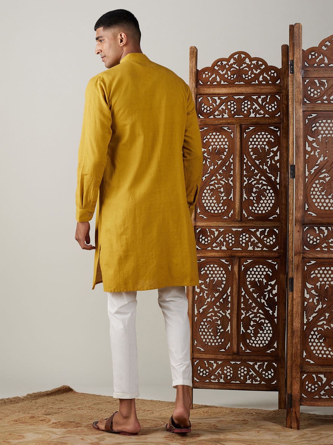 Men's Mustard And Cream Cotton Kurta Pyjama Set