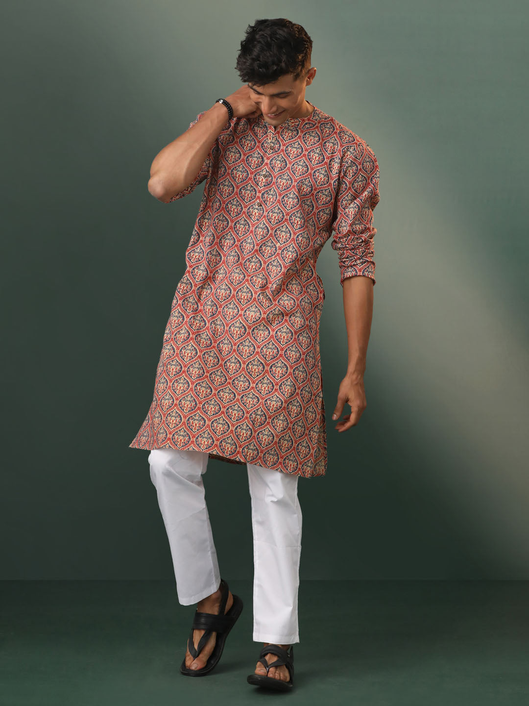 Men's Multicolor Base Red Cotton Kurta