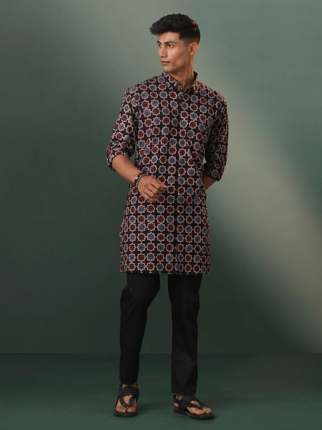 Men's Multicolor Base Black Cotton Kurta