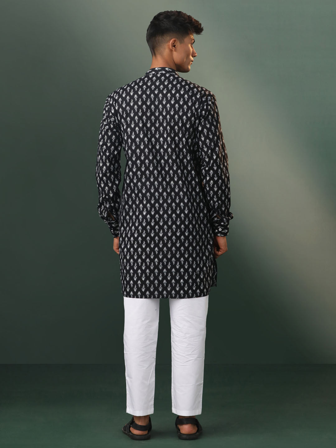 Men's Black And White Cotton Kurta