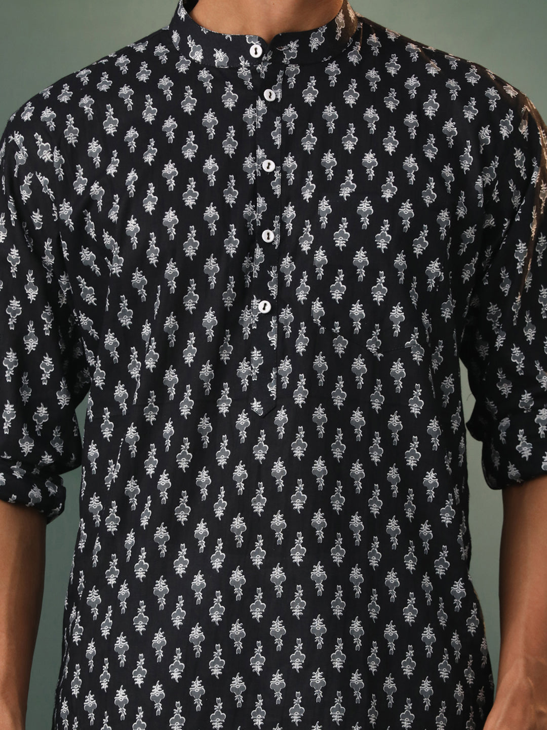 Men's Black And White Cotton Kurta