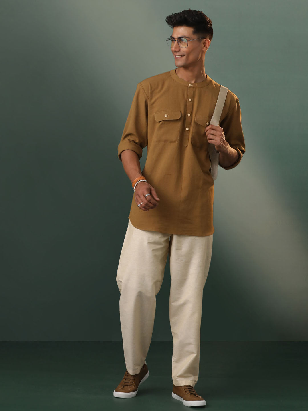 Men's Beige Cotton Short Kurta