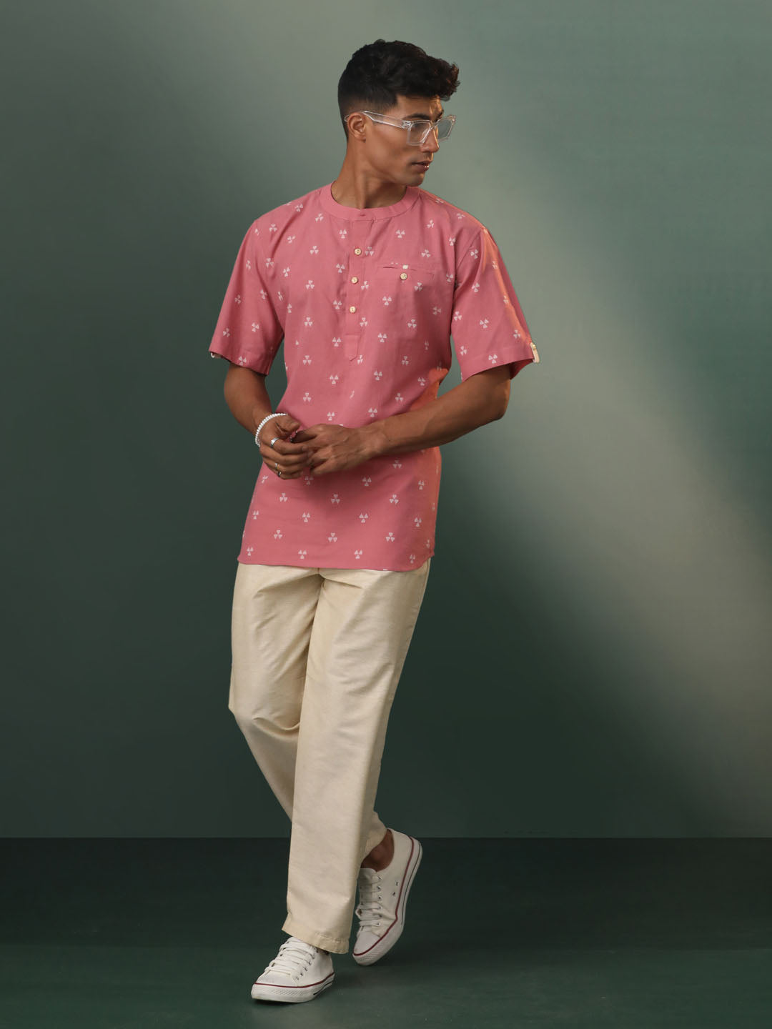 Men's Pink Cotton Short Kurta