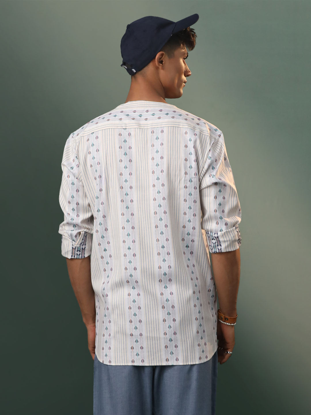 Men's Multicolor Base White Cotton Short Kurta