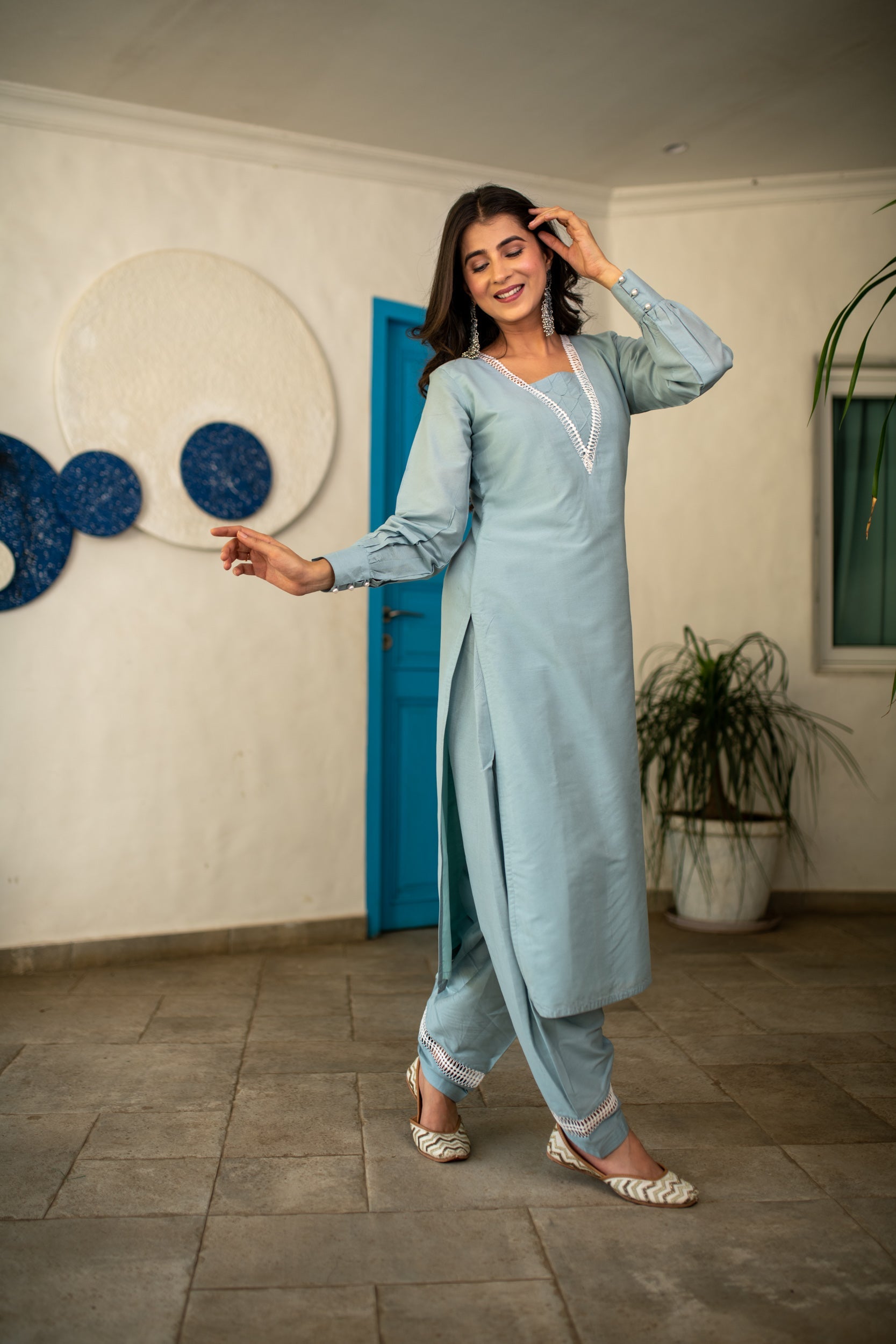 Powder Blue Lace Kurta Set