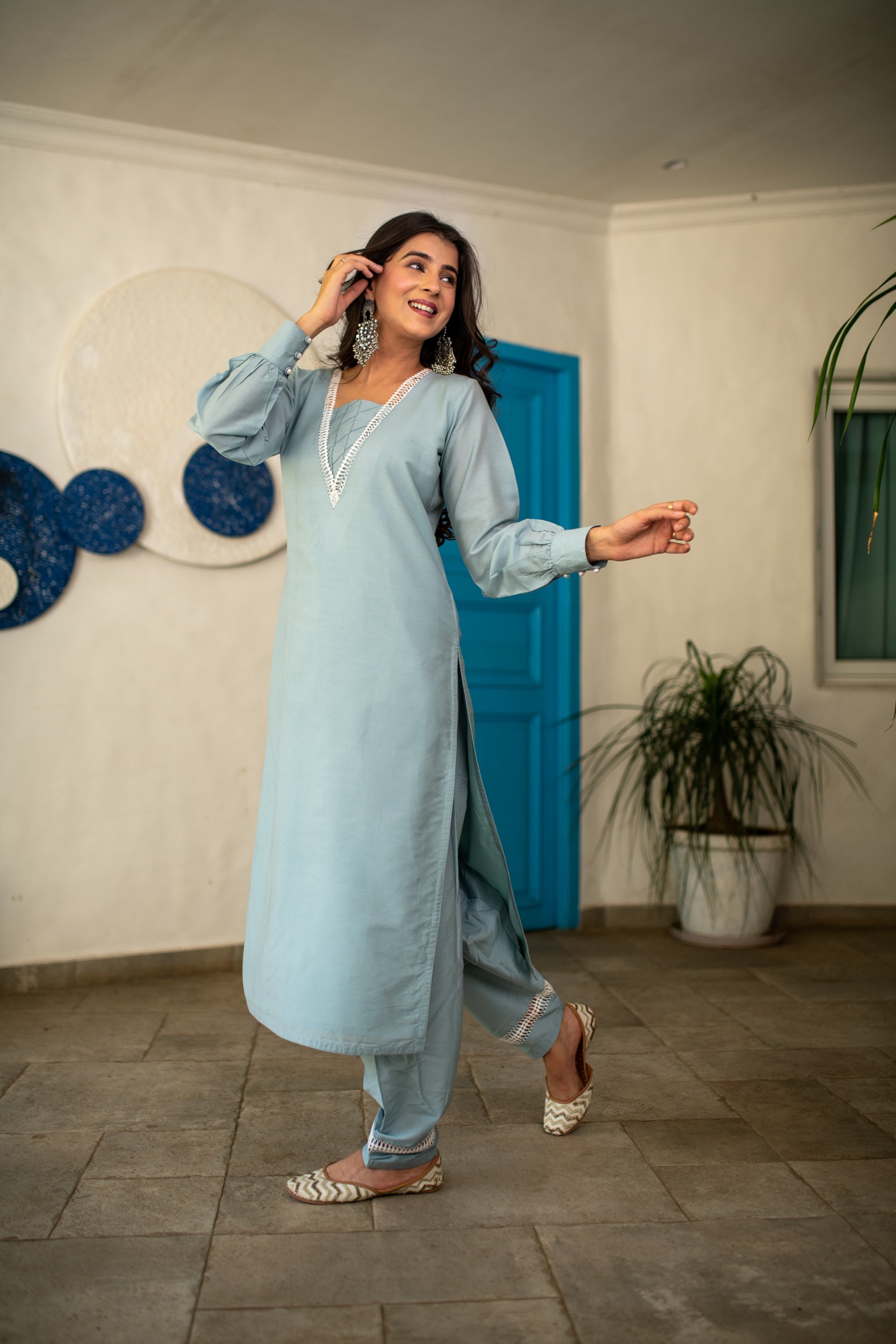 Powder Blue Lace Kurta Set