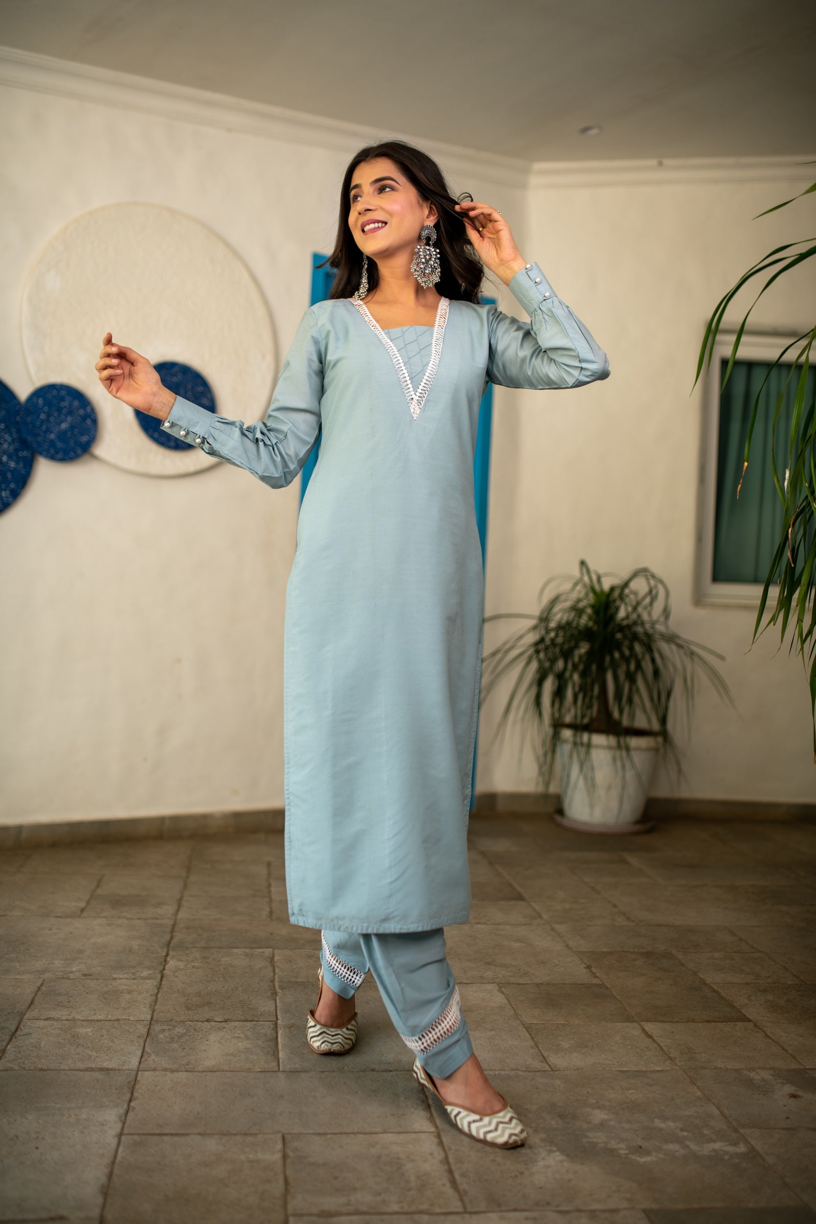 Powder Blue Lace Kurta Set